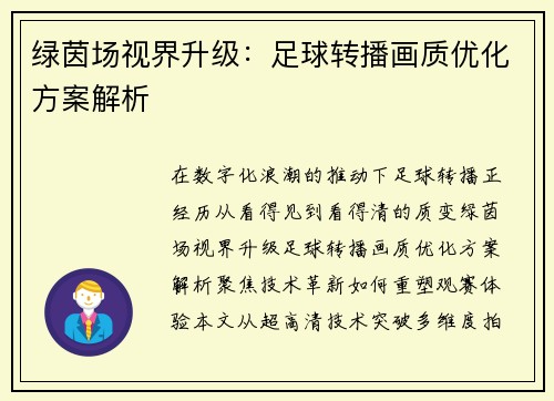 绿茵场视界升级：足球转播画质优化方案解析